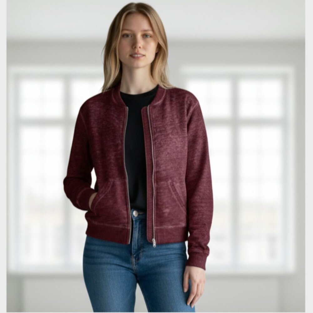 Derek Heart Jacket Womens M Burgundy Zip Front Knit Bomber Casual Layer
